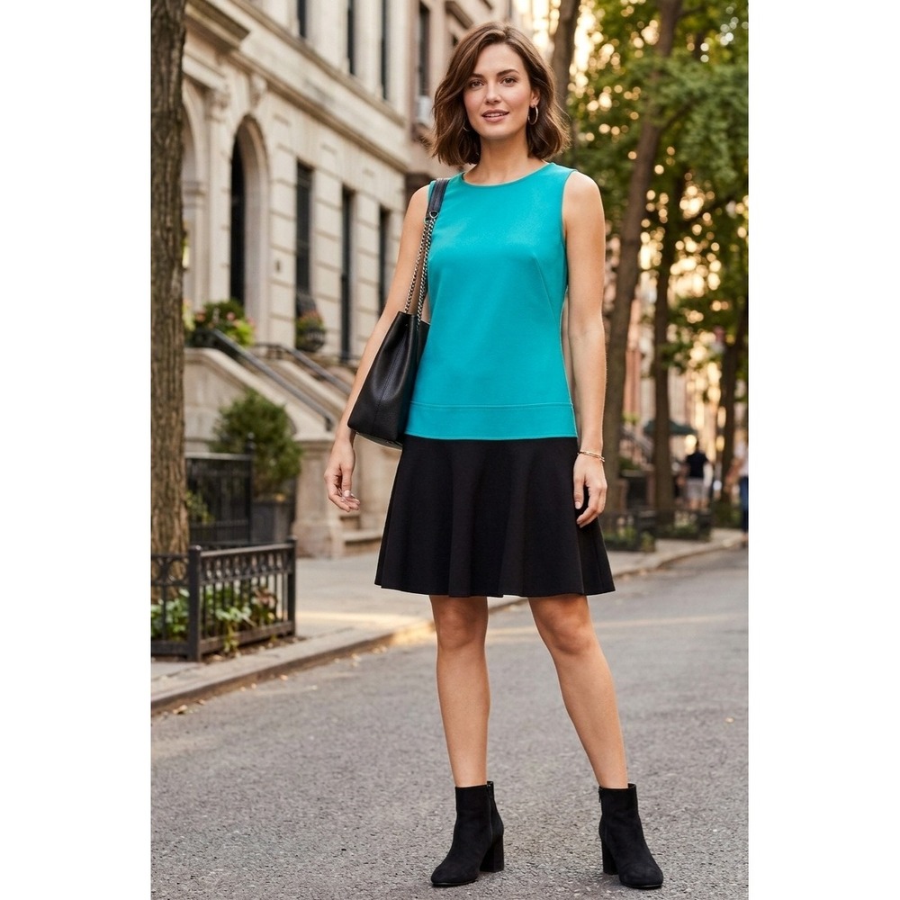 Ann Taylor LOFT Womens Colorblock Sleeveless back Zip Shift Dress Teal Black  4